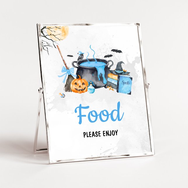 Poster Bebê Azul está Cozinhando Sinal de Comida de Bruxa (Boy Halloween Witch Baby Shower Food Sign)