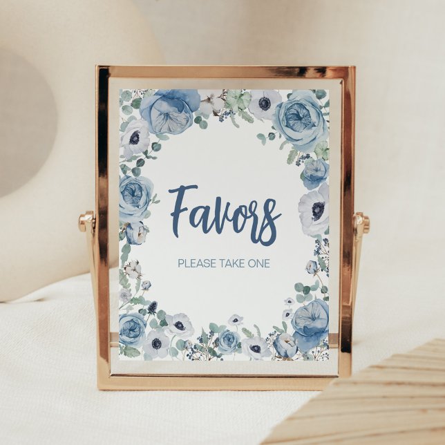 Poster Bebê Azul nos Favores do Chá de fraldas Bloom (Dusty Blue Wildflower Baby Shower Favors Sign)