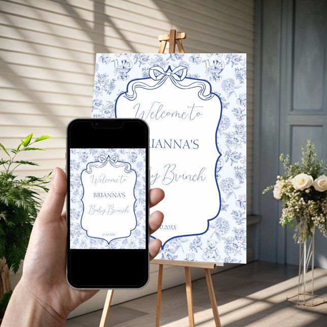 Poster Bebê brunch azul toile ribbon chá de fraldas bem v (Baby brunch blue toile ribbon baby shower welcome poster template personalized welcome sign )