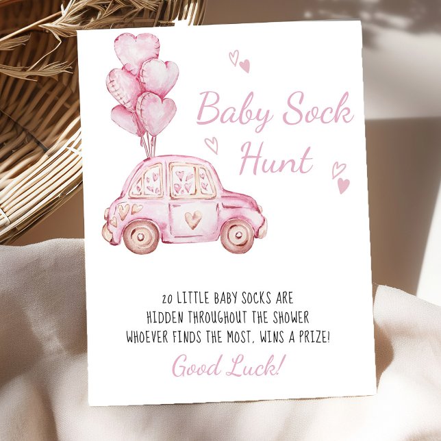 Poster Bebê Caça Pink Car Balões de Chá de fraldas Jogo (Baby Sock Hunt baby shower game poster - available printed or digital - by Darling & May)
