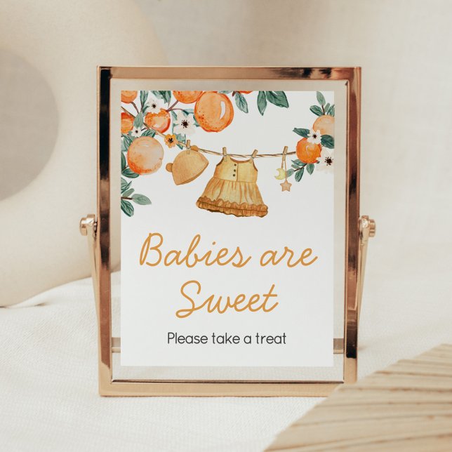 Poster Bebê Clothesline Laranja Frutas Bebês são doces (Baby Clothesline Orange Baby Shower Babies are Sweet Sign)