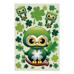 Pôster Bebê Coruja Fofo St Patrick Desenho Animado