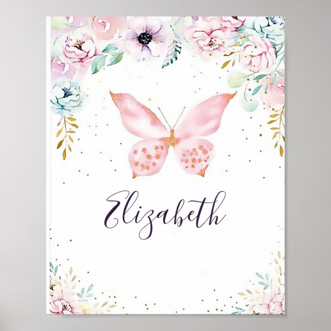 Poster Bebê de borboleta e floral pastel   (Frente)