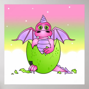 Pôster Bebê de Dragão Cugado em Ovo Crachado - Rosa/Roxo