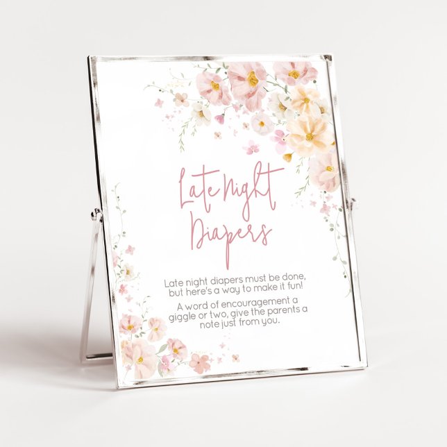 Poster Bebê de Flor Selvagem em Fraldas Noturnas Atrasada (Baby in Bloom Baby Shower Late Night Diapers Sign)