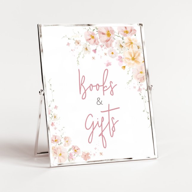 Poster Bebê de Flor Selvagem em Livros e Presentes de San (Baby in Bloom Baby Shower Books and Gifts Sign)