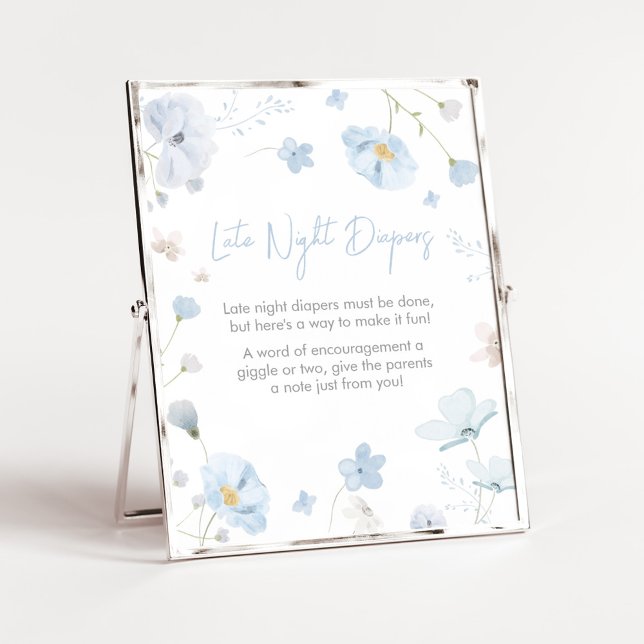 Poster Bebê de Primavera azul floral em Fralda noturna ta (Blue Spring Floral Baby in Bloom Baby Shower Late Night Diapers Sign)