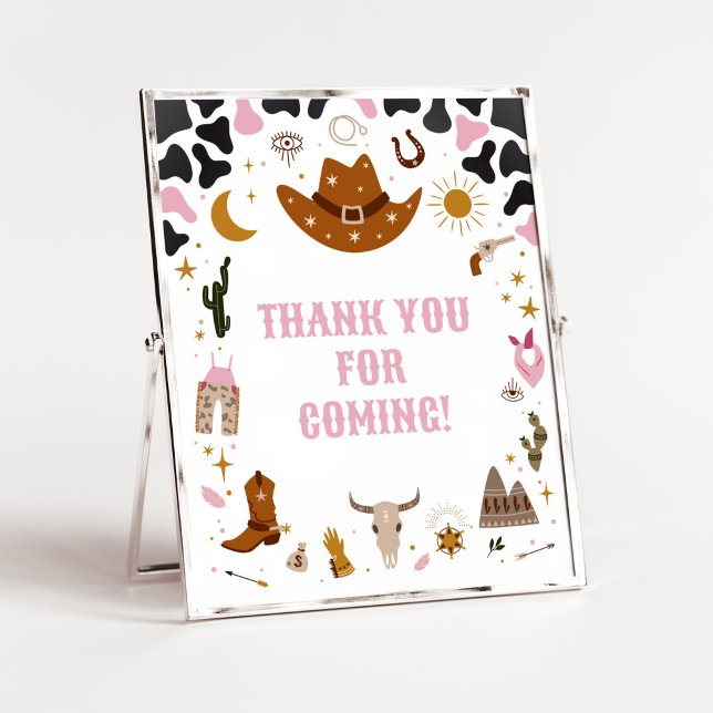 Poster Bebê de vaqueira ocidental rosa Obrigado por vir (Boho Wild West Rodeo Baby Shower Thank you for Coming Sign)