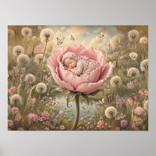 Poster Bebê dormindo em flor rosa  (Frente)