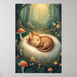 Poster Bebê Dragão Adormecido com Tom Dourado Berçário Fl