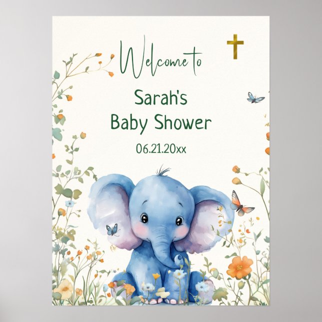 Poster Bebê Elefante e Borboletas Chá de fraldas Bem-vind (Frente)