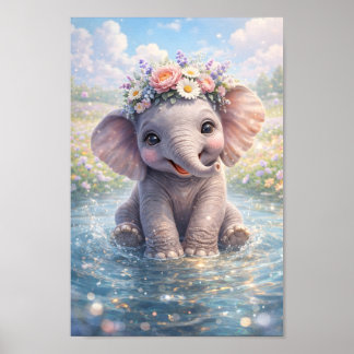 Poster Bebê Elefante Fofo Coroa de Flores Salpicos de Águ