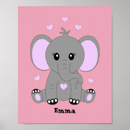 Poster Bebê elefante fofo de rosa para meninas 