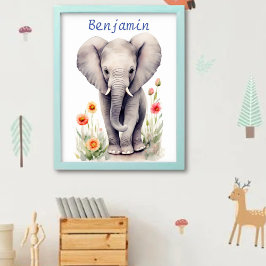 Poster Bebê Elefante Fofo Pastel Flor de Primavera Aquare