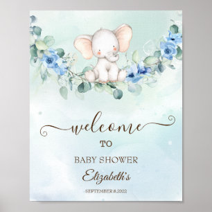 Poster Bebê Elefante Fofo Rosas Azuis