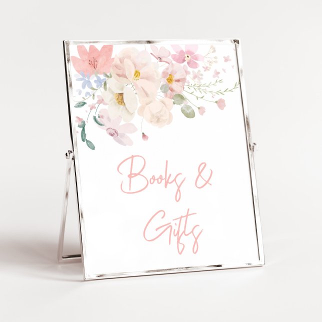 Poster Bebê em Bloom Blush Pink Livros Florais e Presente (Blush Pink Floral Baby in Bloom Baby Shower Books and Gifts Sign)