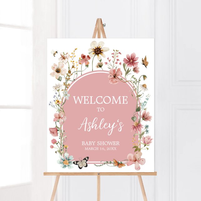 Poster Bebê em Bloom Wildflower Welcome (Muted Pink Spring Flowers Baby Shower Welcome Sign)