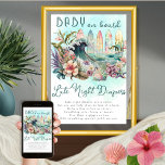 Poster Bebê em Conselhos Tropicais surfando em Fraldas no<br><div class="desc">O exótico design floral exótico com tema de surfe tropical "Baby on Conselho" é um modelo chá de fraldas que apresenta um tema neutro em termos de gênero com um talento tropical. O design retrata um conjunto de pranchas coloridas com o oceano e uma onda intermitente em meio a um...</div>