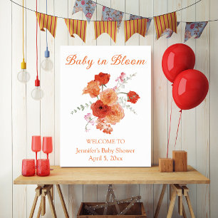 Poster bebê em flor laranja bem-vindo ao chá de bebê botâ