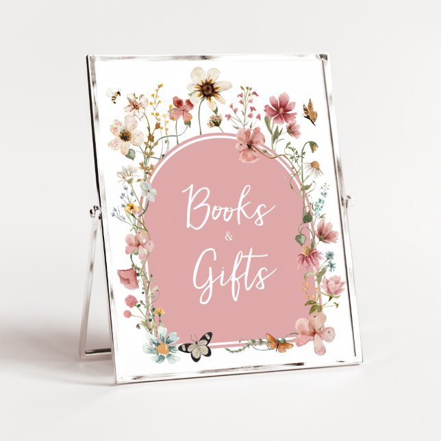 Poster Bebê em Livros e Presentes de Flor Selvagem de San (Muted Pink Spring Flowers Baby Shower Books and Gifts Sign)