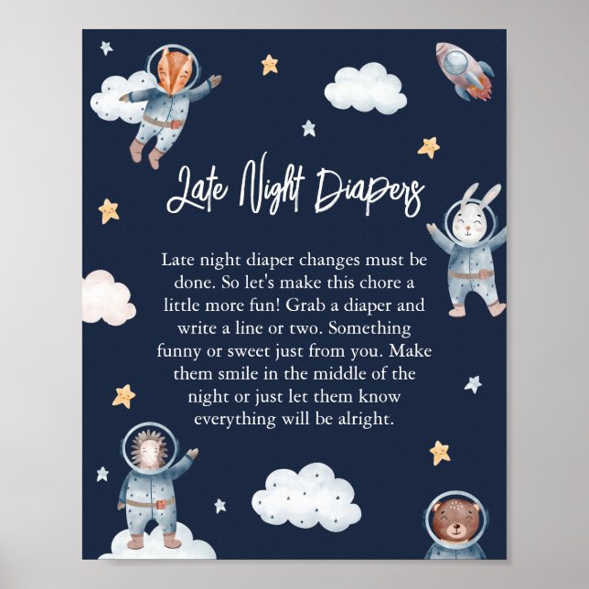 Poster Bebê Espacial Animal da Floresta 'Fralda Noturna' (Frente)
