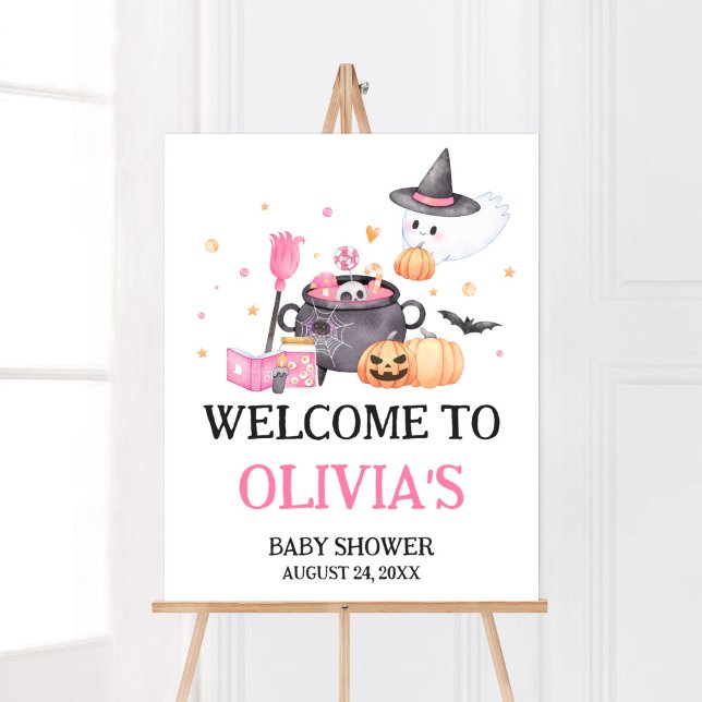 Poster Bebê está criando Chá de fraldas rosa para o Dia d (Baby is Brewing Baby Shower Welcome Sign)