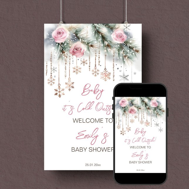 Poster Bebê, está frio fora do chá de fraldas de inverno (Baby it's cold outside winter baby shower editable template  welcome sign poster digital download)