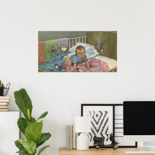 Poster Bebê Fofo Antigo Brincando no Berço, Hora da Sonec