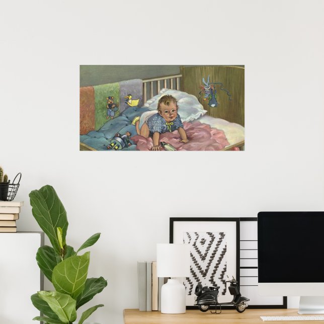 Poster Bebê Fofo Antigo Brincando no Berço, Hora da Sonec (Escritório em casa)
