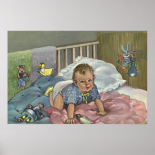 Poster Bebê Fofo Antigo Brincando no Berço, Hora da Sonec