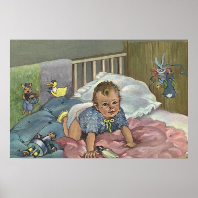 Poster Bebê Fofo Antigo Brincando no Berço, Hora da Sonec (Frente)