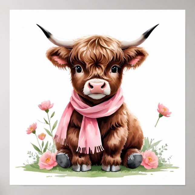 Poster Bebê Fofo de Vaca das Terras Altas com Flores (Frente)