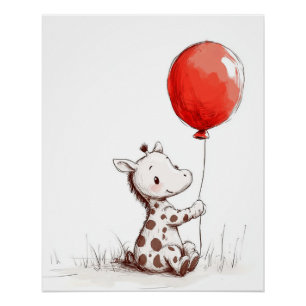 Pôster Bebê Girafa Adorável com Balão Vermelho