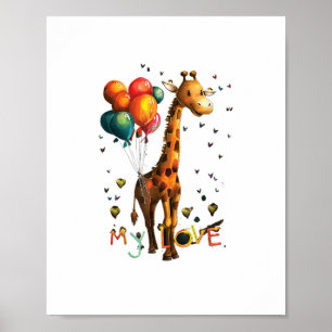 Poster Bebê Girafa Fofa Com Balões Coloridos E Cores Viva