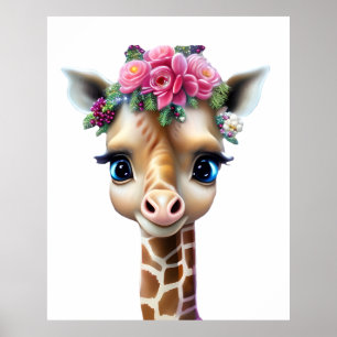 Poster Bebê Girafa Fofa com Flores e Azevinho
