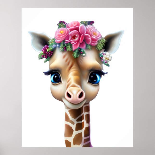 Poster Bebê Girafa Fofa com Flores e Azevinho (Frente)