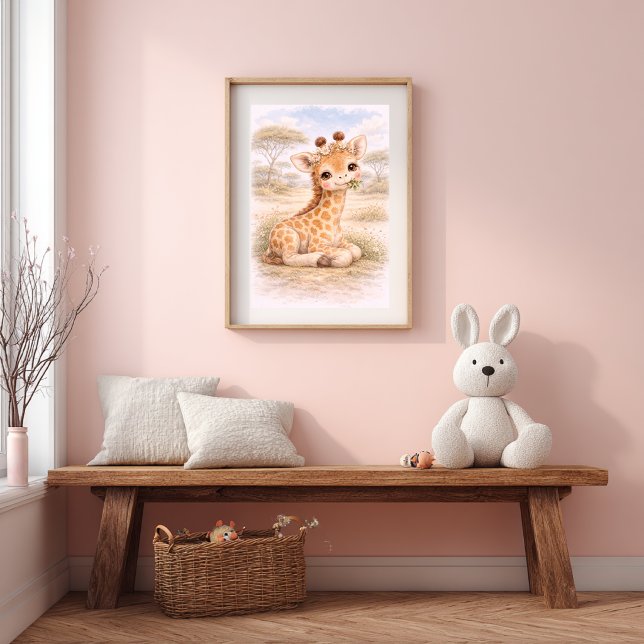 Poster Bebê Girafa Fofa Comendo Sala de Berçário Neutra I (Criador carregado)