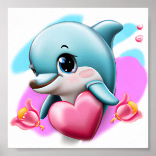 Poster Bebê Golfinho Fofo com Coração de São Valentão