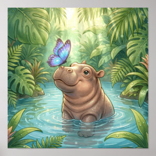 Poster Bebê Hipopótamo Fofo com Borboleta para Decoração