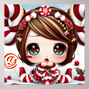Poster Bebê kawaii de Natal com doce e olhos brilhantes