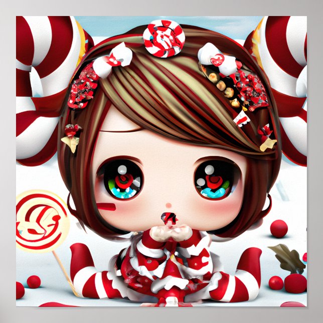 Poster Bebê kawaii de Natal com doce e olhos brilhantes (Frente)