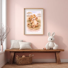 Poster Bebê Leão Fofo Brincando Quarto Infantil Crianças