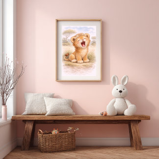 Poster Bebê Leão Fofo Rugindo Quarto Infantil Crianças