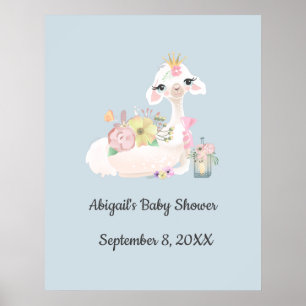 Poster Bebê Lhama com Flores Brancas e Azuis Bebê Menino