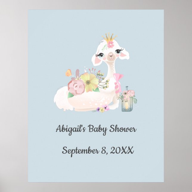 Poster Bebê Lhama com Flores Brancas e Azuis Bebê Menino (Frente)