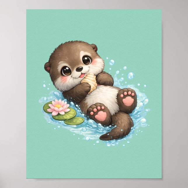 Poster Bebê Lontra Fofo Flutuando na Água Verde Menta  (Frente)