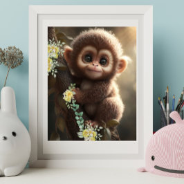 Poster Bebê Macaco Fofo Sentado em uma Árvore com Flores