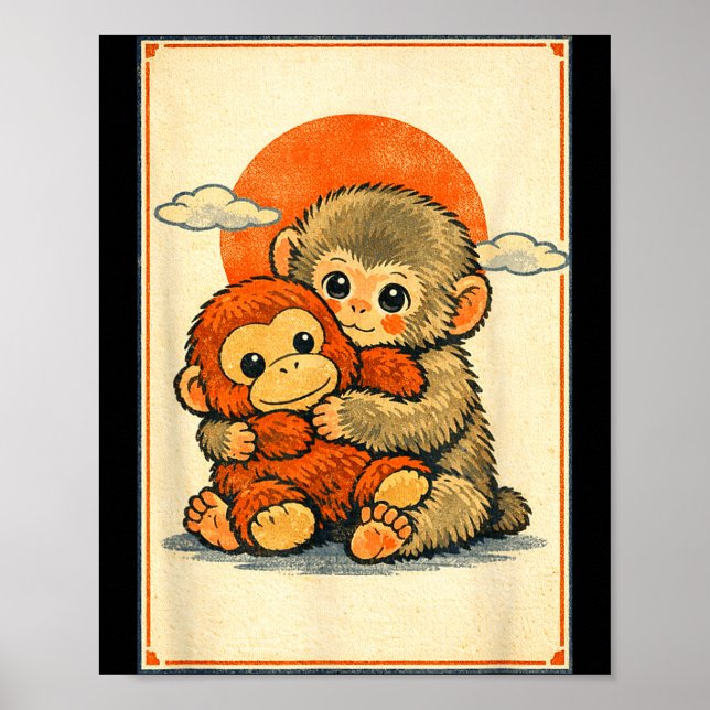 Poster Bebê macaco kawaii fofo macaco japonês ukiyo-e (Frente)