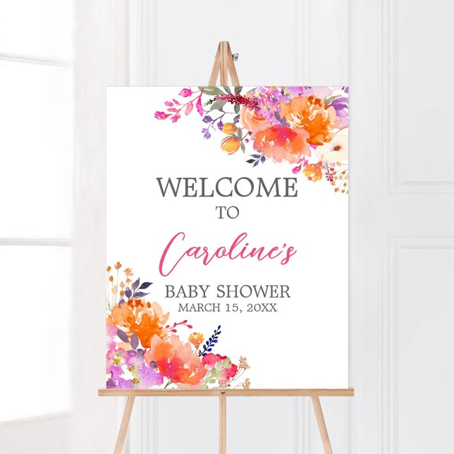 Poster Bebê no Bloom Bright Floral Chá de fraldas Bem-vin (Baby in Bloom Baby Shower Welcome Sign)