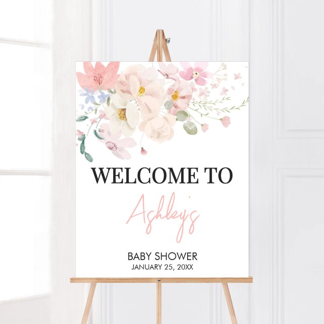 Poster Bebê no Bloom de Chá de fraldas Floral Rosa Bem-vi (Blush Pink Floral Baby in Bloom Baby Shower Welcome Sign)